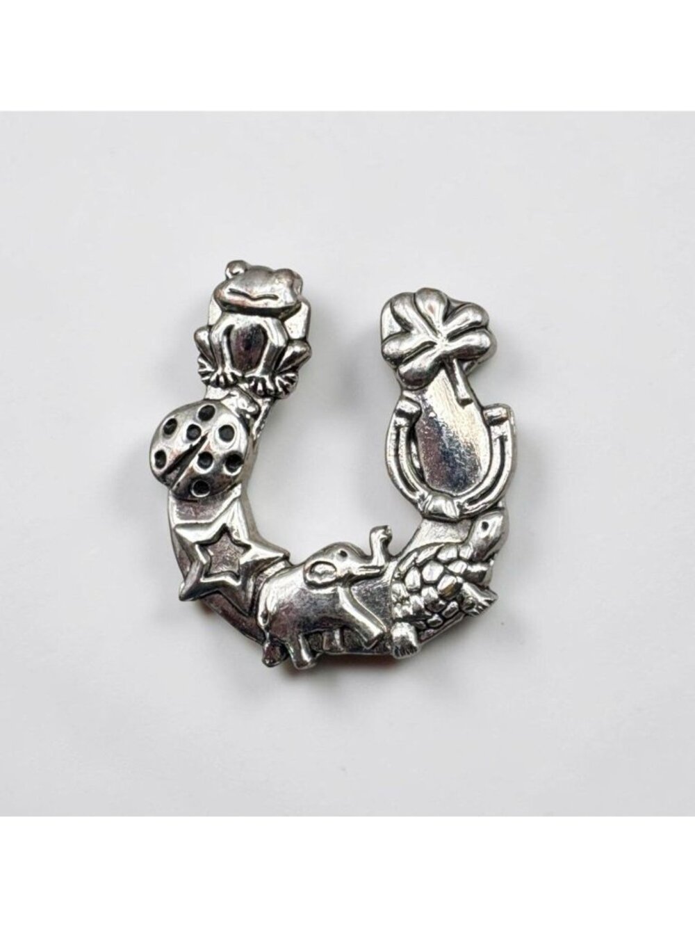 Silver Tone Lucky Horseshoe Pocket Charm Frog Clover Elepahnt Turtle Ladybug